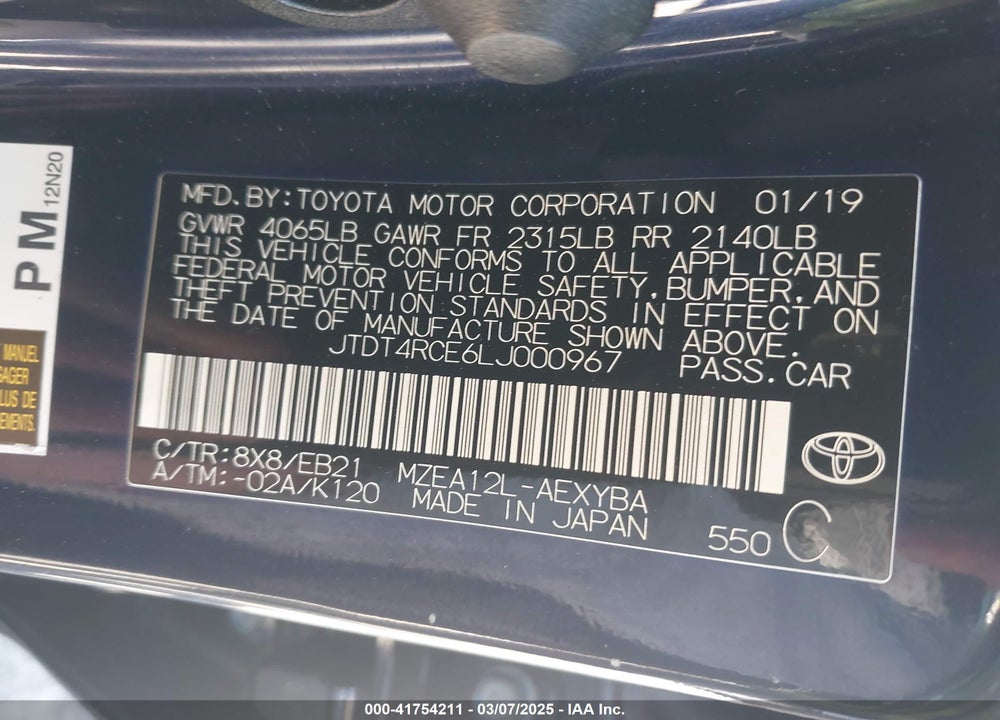 2020 TOYOTA COROLLA VIN: JTDT4RCE6LJ000967