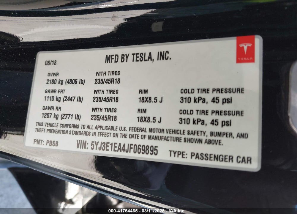 2018 TESLA MODEL 3 LONG RANGE/MID RANGE VIN: 5YJ3E1EA4JF069895