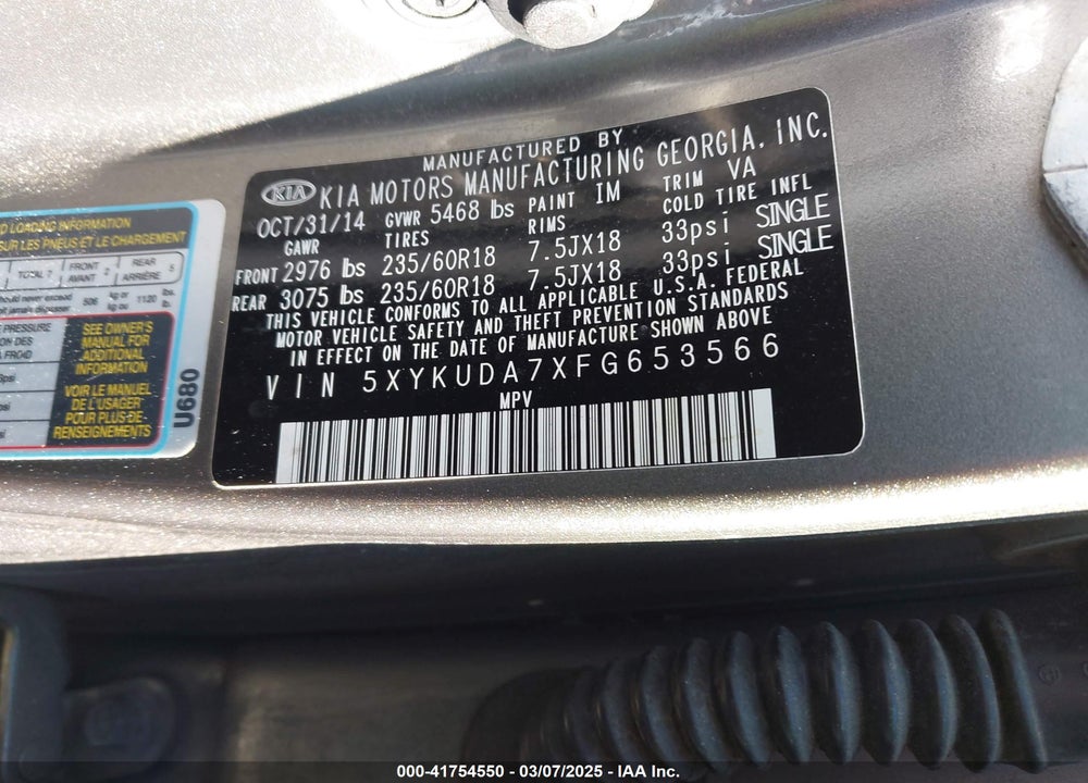 2015 KIA SORENTO EX V6 VIN: 5XYKUDA7XFG653566