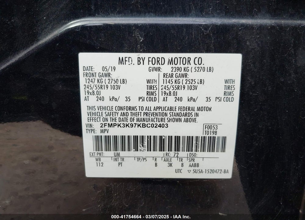 2019 FORD EDGE VIN: 2FMPK3K97KBC02403