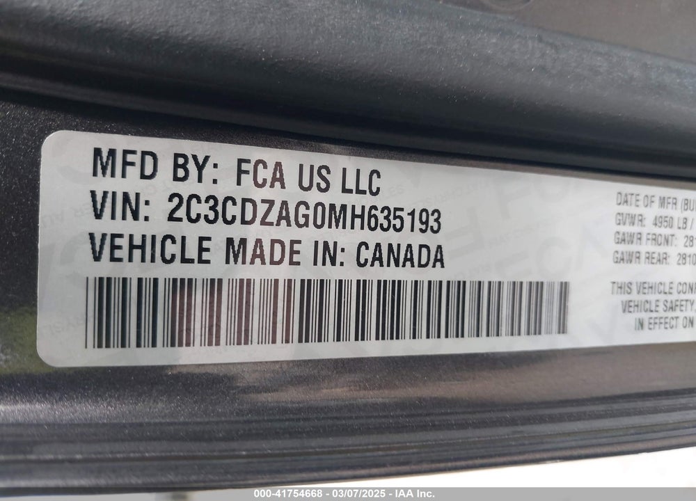2021 DODGE CHALLENGER SXT VIN: 2C3CDZAG0MH635193