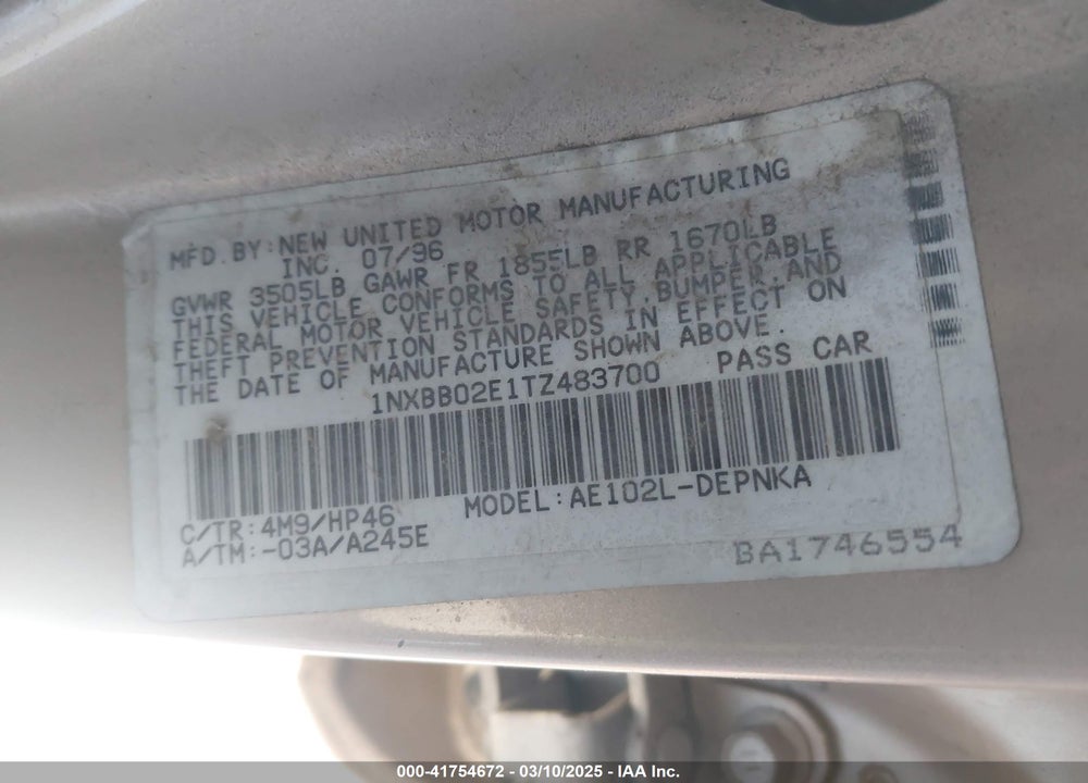 1996 TOYOTA COROLLA VIN: 1NXBB02E1TZ483700