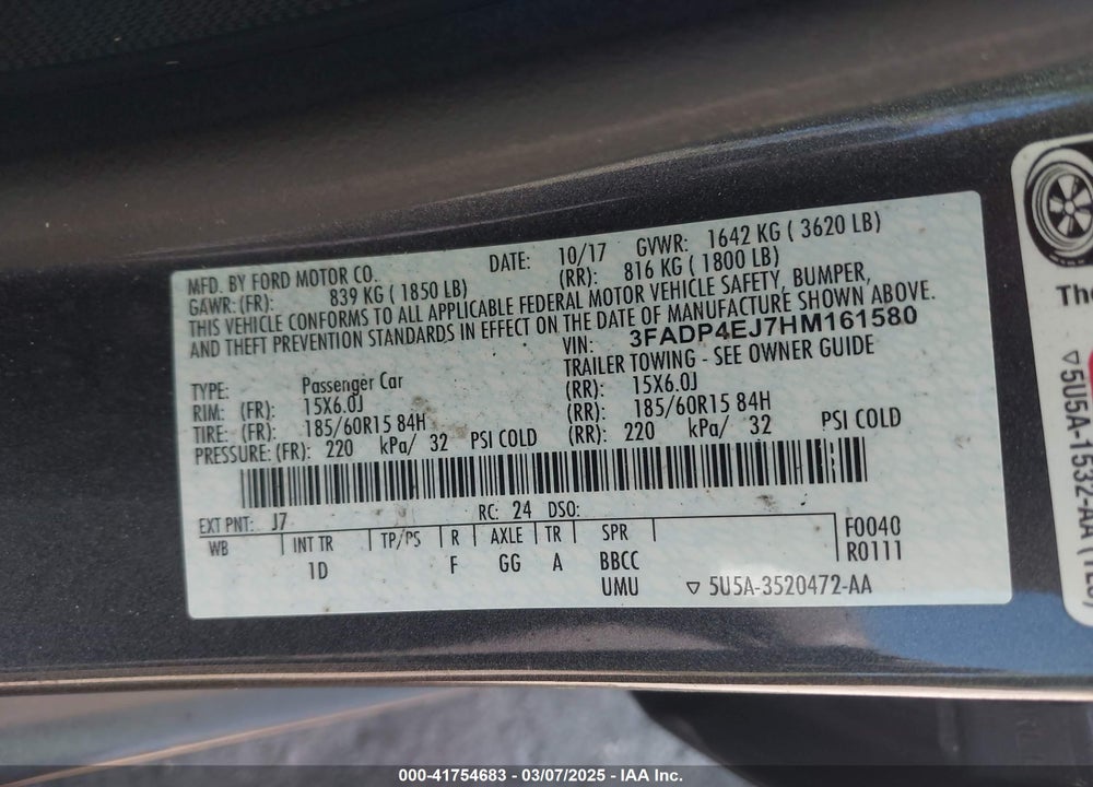 2017 FORD FIESTA VIN: 3FADP4EJ7HM161580