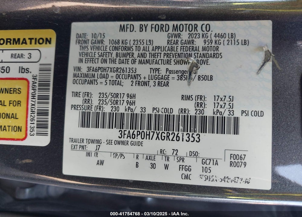 2016 FORD FUSION VIN: 3FA6P0H7XGR261353