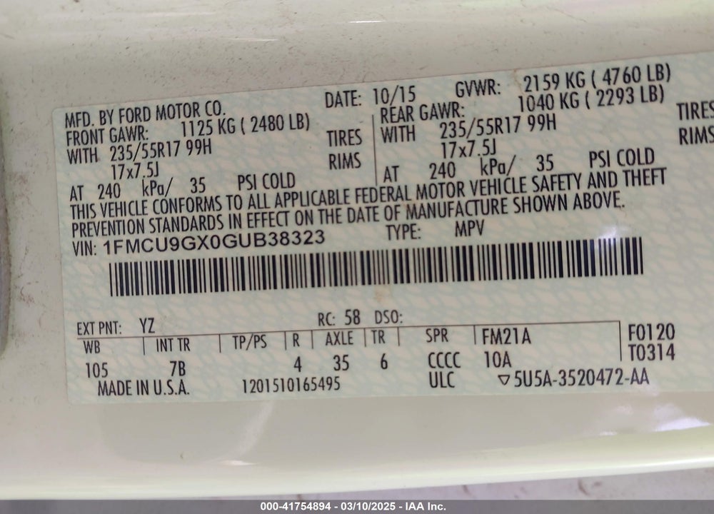 2016 FORD ESCAPE SE VIN: 1FMCU9GX0GUB38323