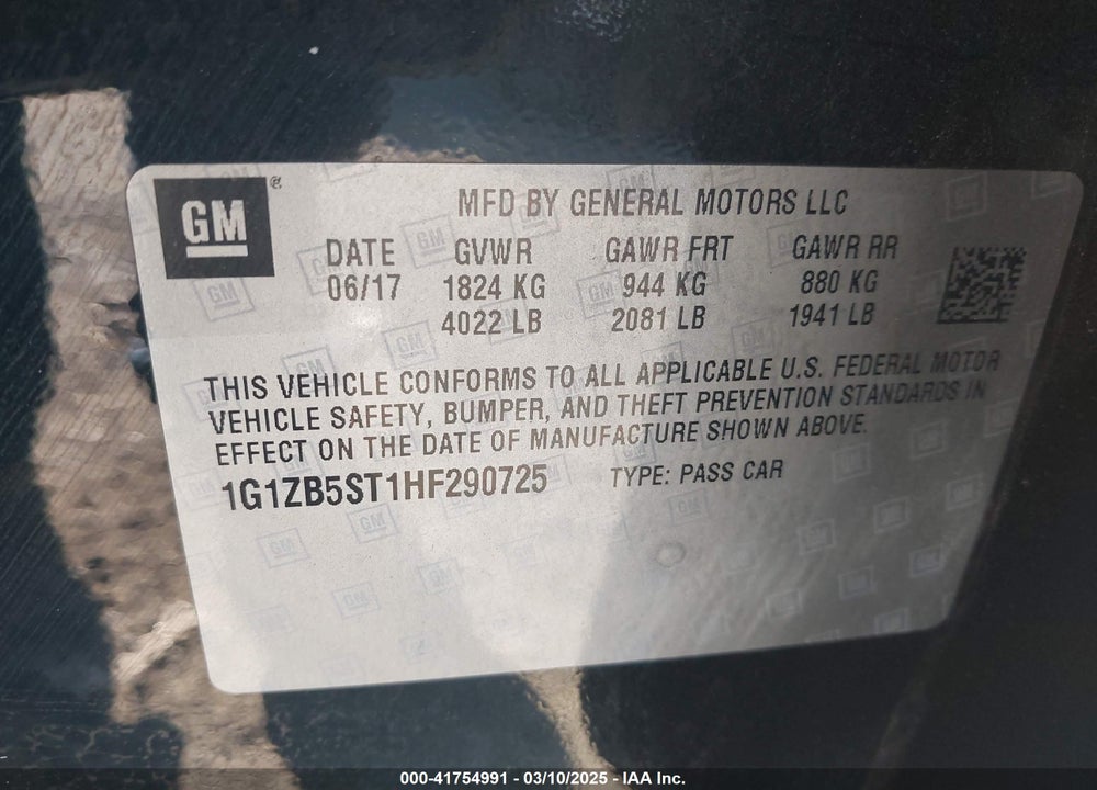 2017 CHEVROLET MALIBU VIN: 1G1ZB5ST1HF290725