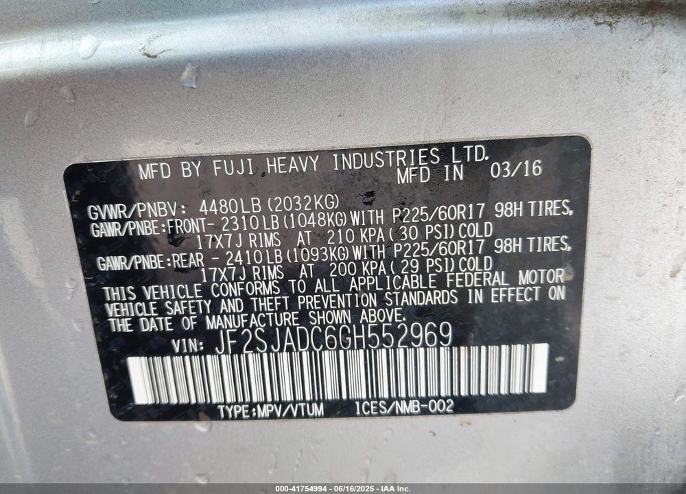 2016 SUBARU FORESTER 2.5I PREMIUM VIN: JF2SJADC6GH552969