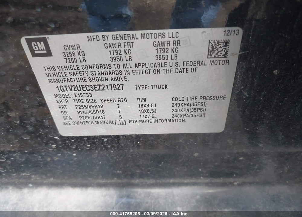 2014 GMC SIERRA 1500 VIN: 1GTV2UEC3EZ217927