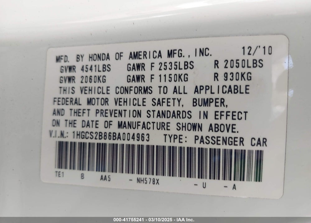 2011 HONDA ACCORD VIN: 1HGCS2B86BA004963