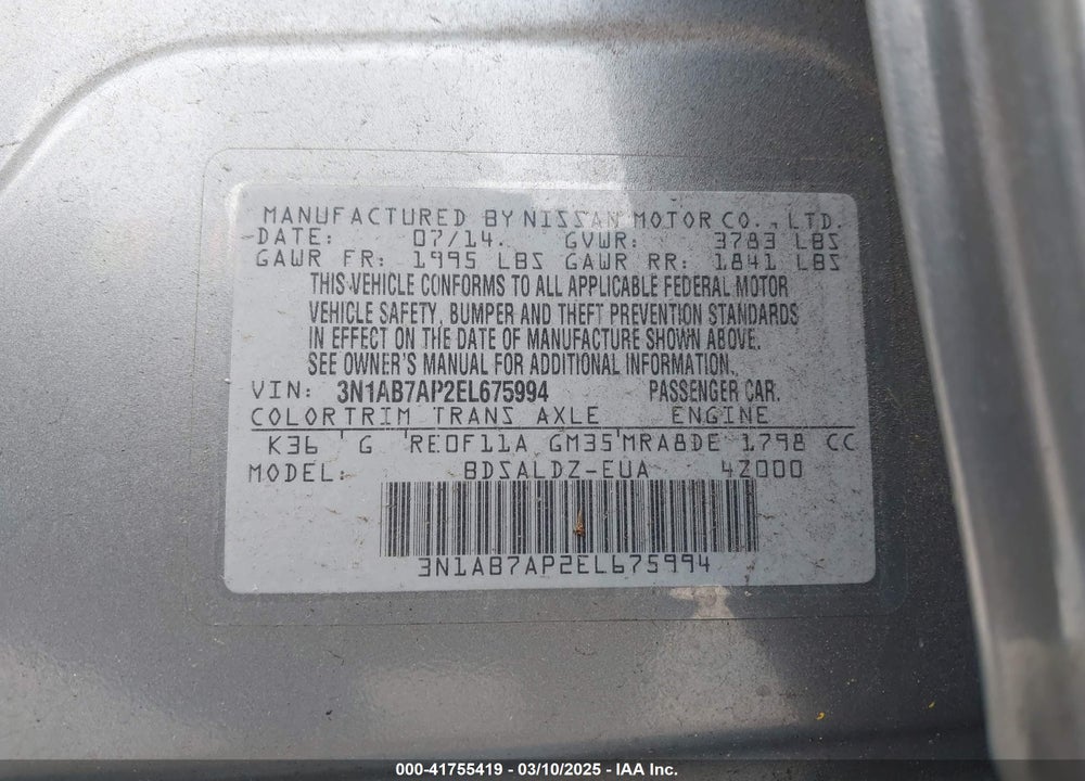 2014 NISSAN SENTRA VIN: 3N1AB7AP2EL675994