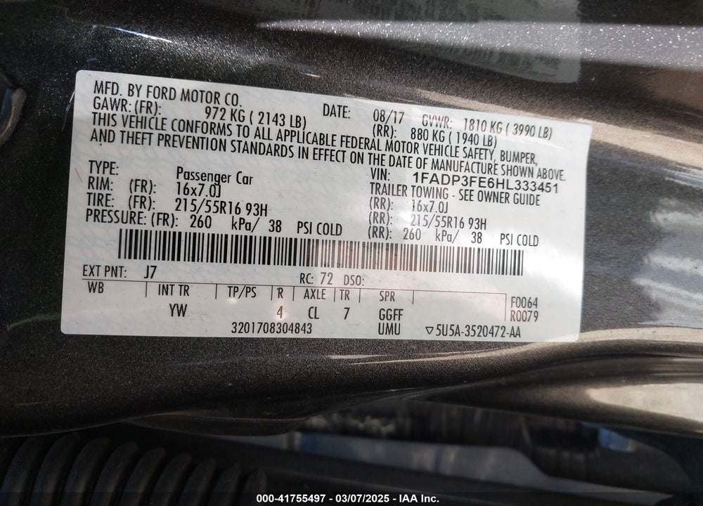 2017 FORD FOCUS VIN: 1FADP3FE6HL333451