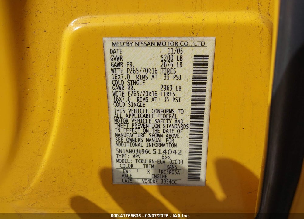 2006 NISSAN XTERRA VIN: 5N1AN08U96C514042