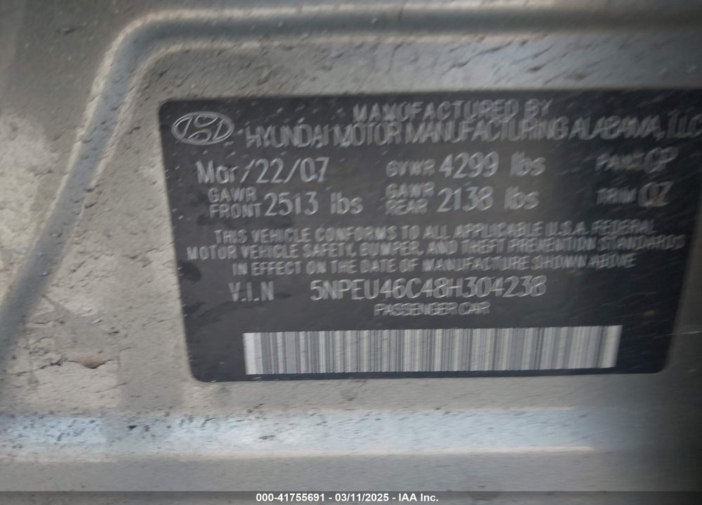 2008 HYUNDAI SONATA LIMITED/SE VIN: 5NPEU46C48H304238