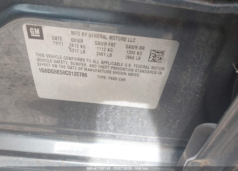 2012 CADILLAC CTS VIN: 1G6DG8E58C0125786