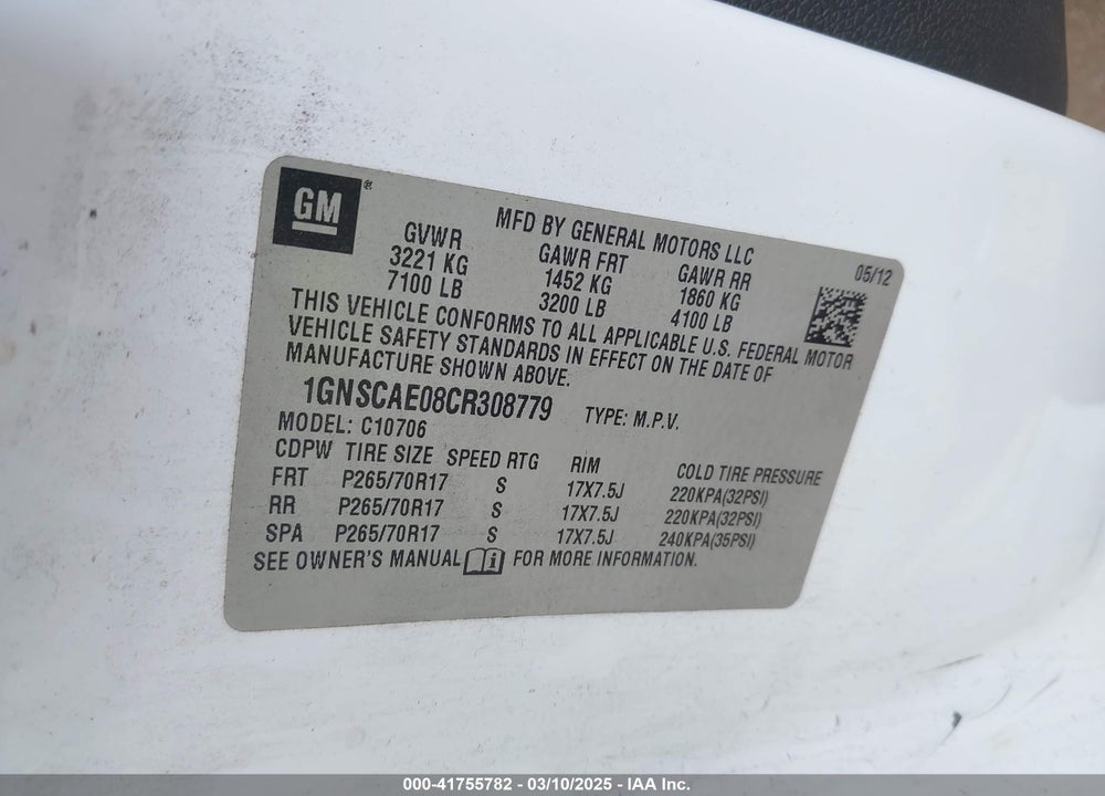 2012 CHEVROLET TAHOE VIN: 1GNSCAE08CR308779