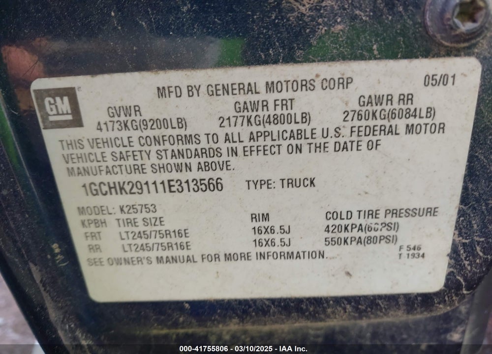 2001 CHEVROLET SILVERADO 2500HD VIN: 1GCHK29111E313566