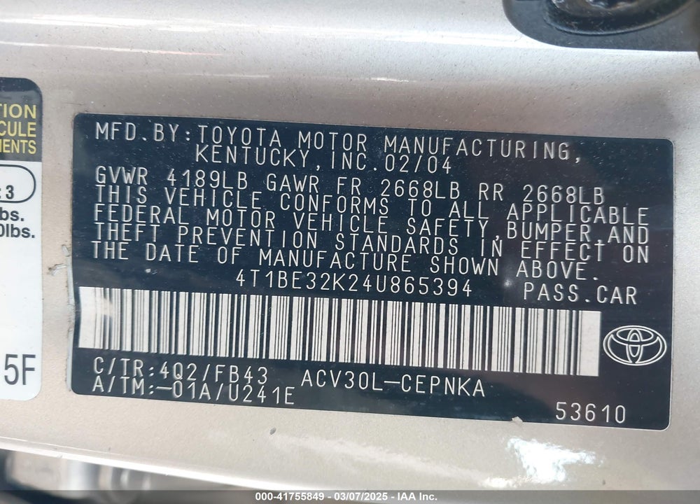2004 TOYOTA CAMRY LE VIN: 4T1BE32K24U865394