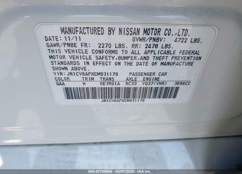 2012 INFINITI G37 VIN: JN1CV6APXCM931179
