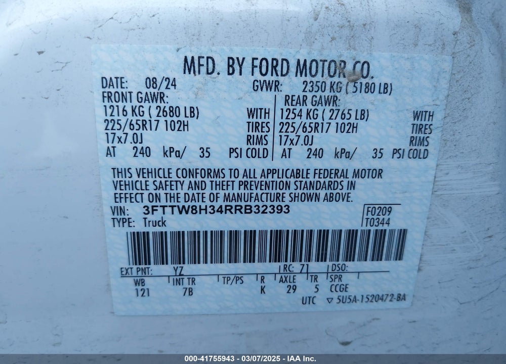 2024 FORD MAVERICK XLT VIN: 3FTTW8H34RRB32393