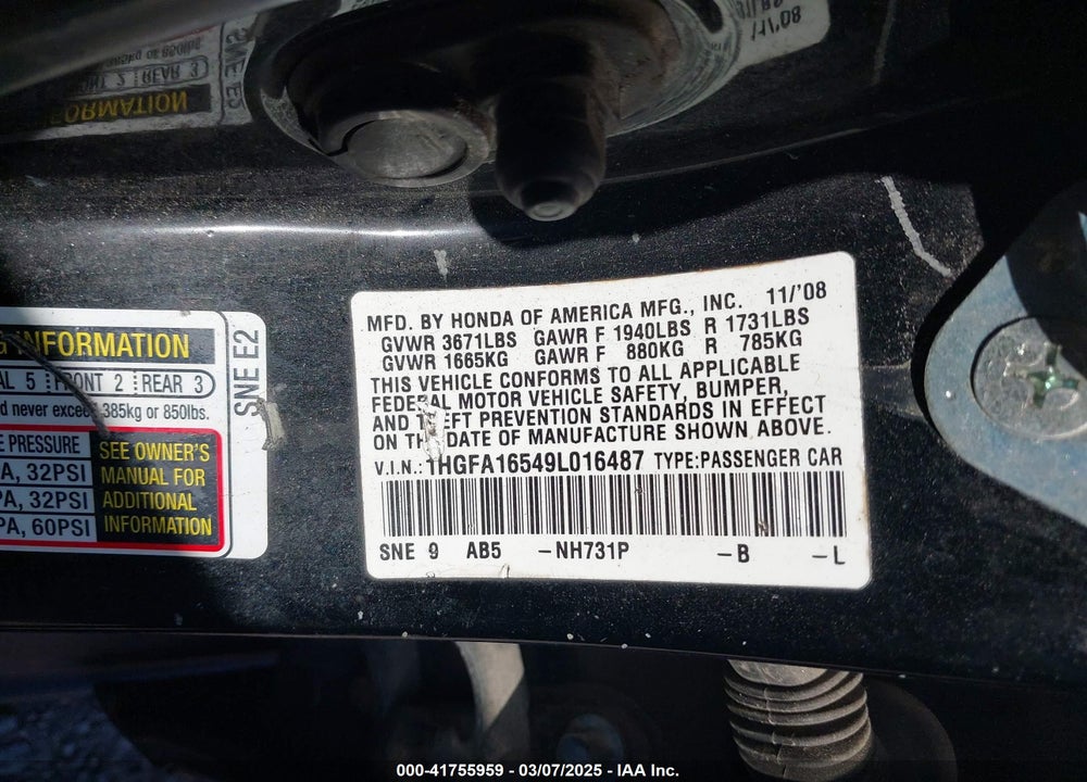 2009 HONDA CIVIC VIN: 1HGFA16549L016487