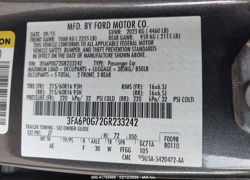 2016 FORD FUSION VIN: 3FA6P0G72GR233242