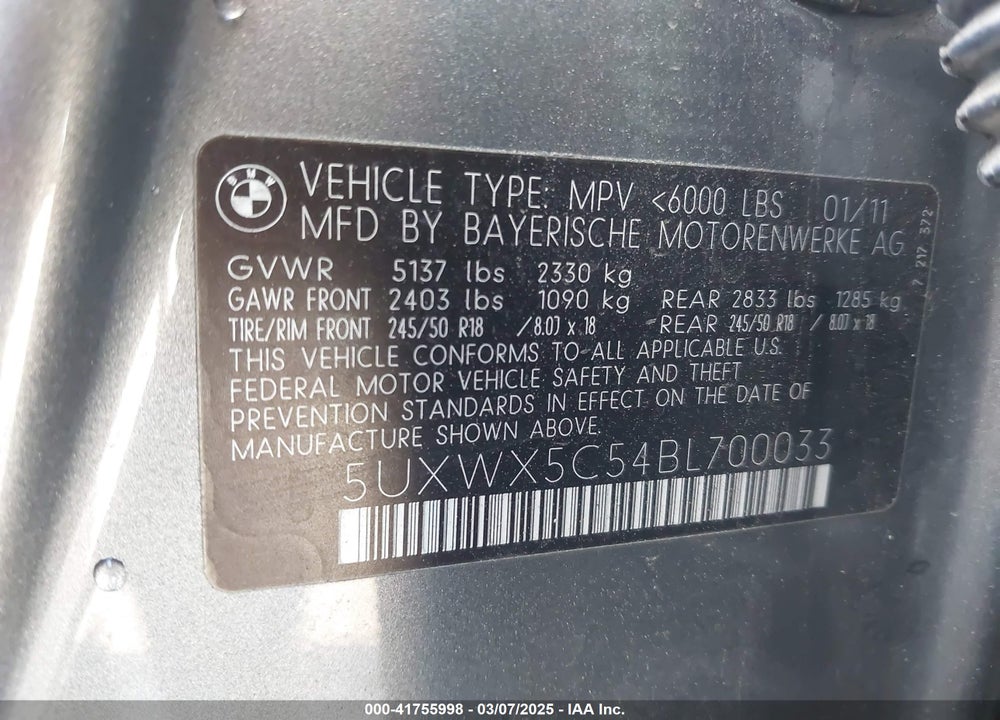 2011 BMW X3 VIN: 5UXWX5C54BL700033