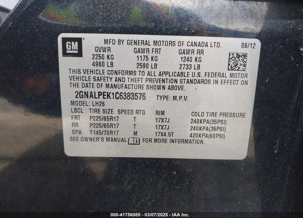 2012 CHEVROLET EQUINOX VIN: 2GNALPEK1C6383576