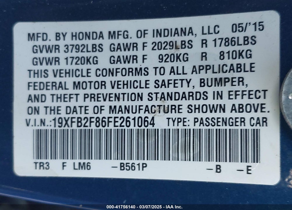 2015 HONDA CIVIC VIN: 19XFB2F86FE261064