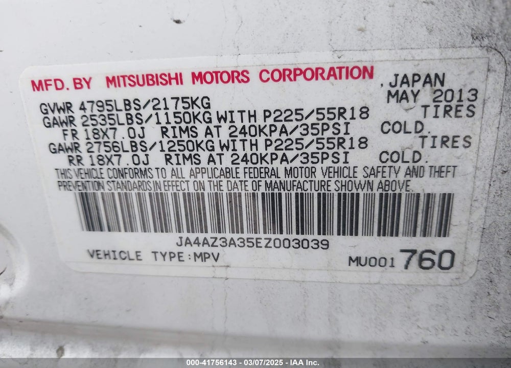 2014 MITSUBISHI OUTLANDER VIN: JA4AZ3A35EZ003039
