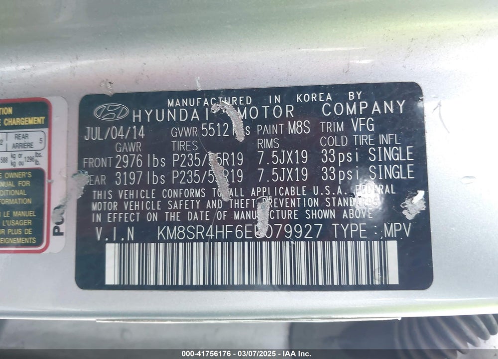 2014 HYUNDAI SANTA FE VIN: KM8SR4HF6EU079927