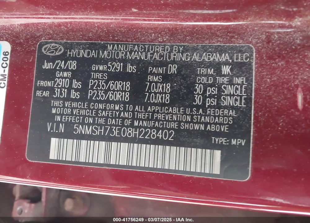 2008 HYUNDAI SANTA FE VIN: 5NMSH73E08H228402