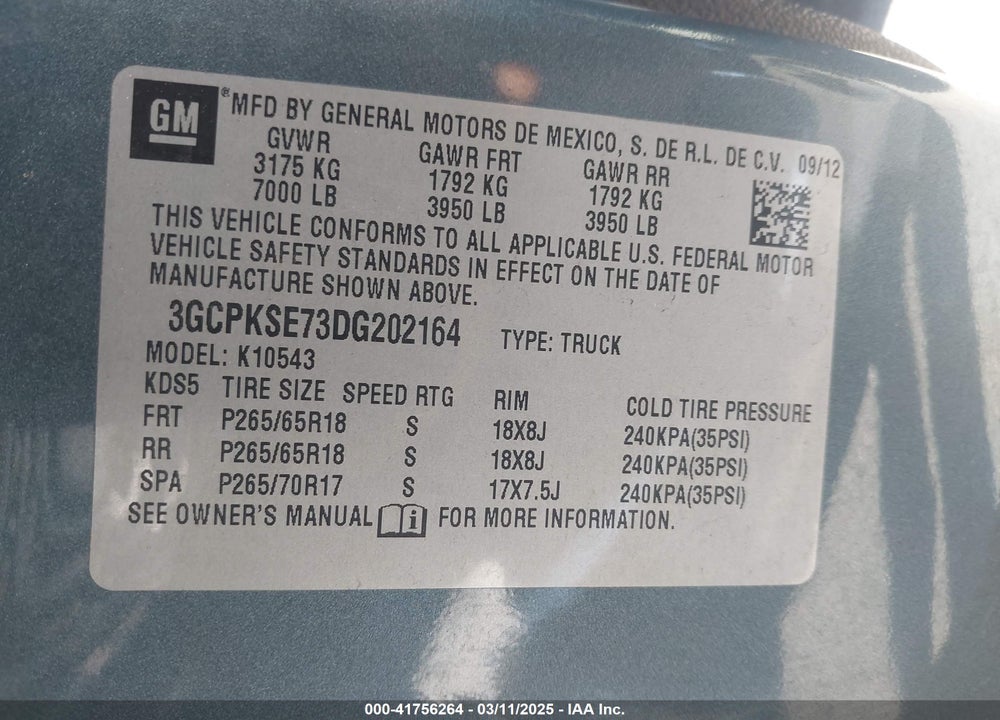 2013 CHEVROLET SILVERADO VIN: 3GCPKSE73DG202164