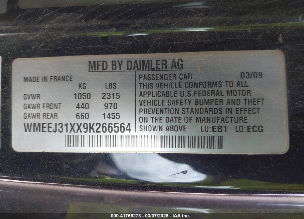 2009 SMART FORTWO VIN: WMEEJ31XX9K266564