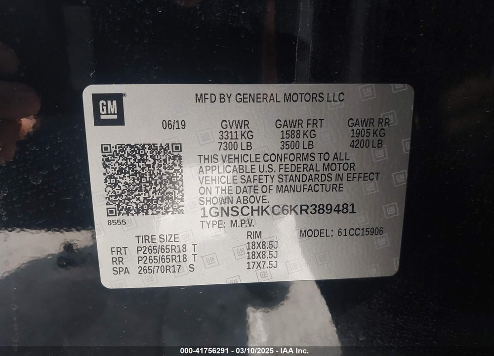 2019 CHEVROLET SUBURBAN C VIN: 1GNSCHKC6KR389481