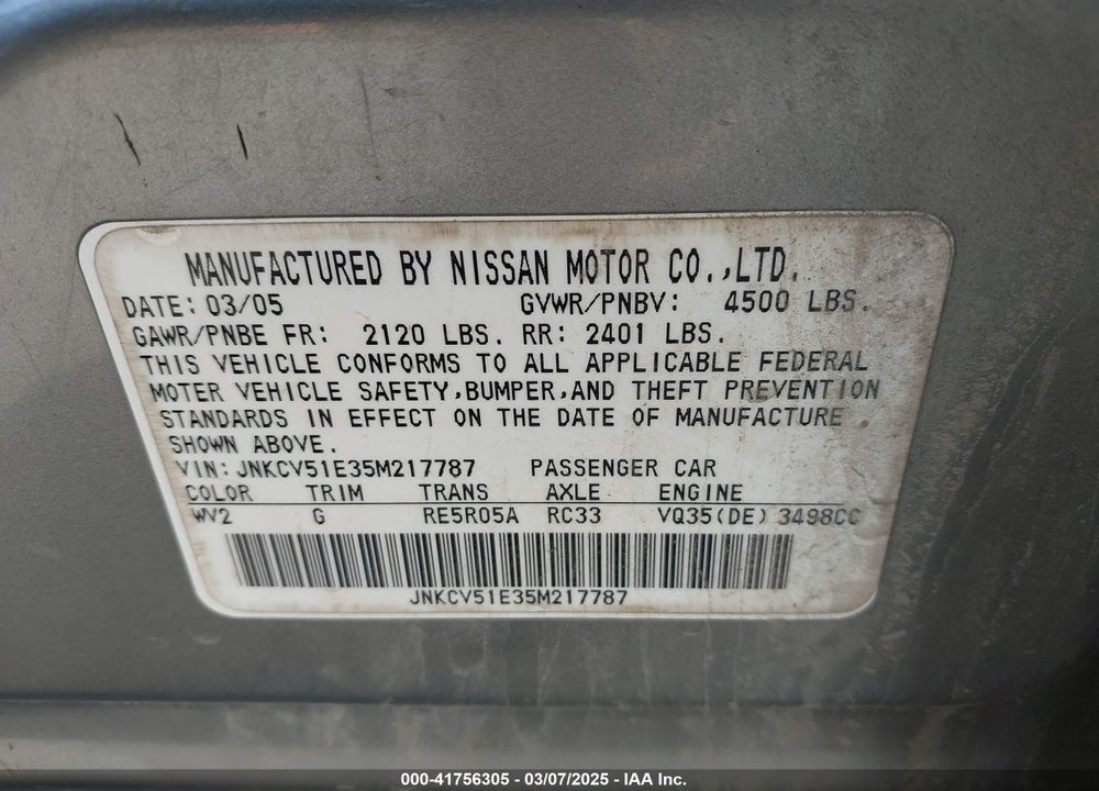2005 INFINITI G35 VIN: JNKCV51E35M217787
