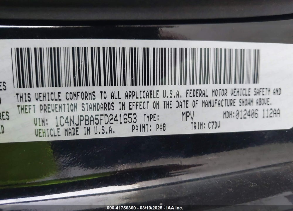2015 JEEP PATRIOT VIN: 1C4NJPBA5FD241653