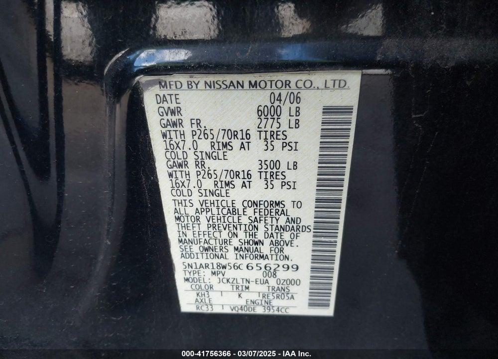 2006 NISSAN PATHFINDER SE VIN: 5N1AR18W56C656299