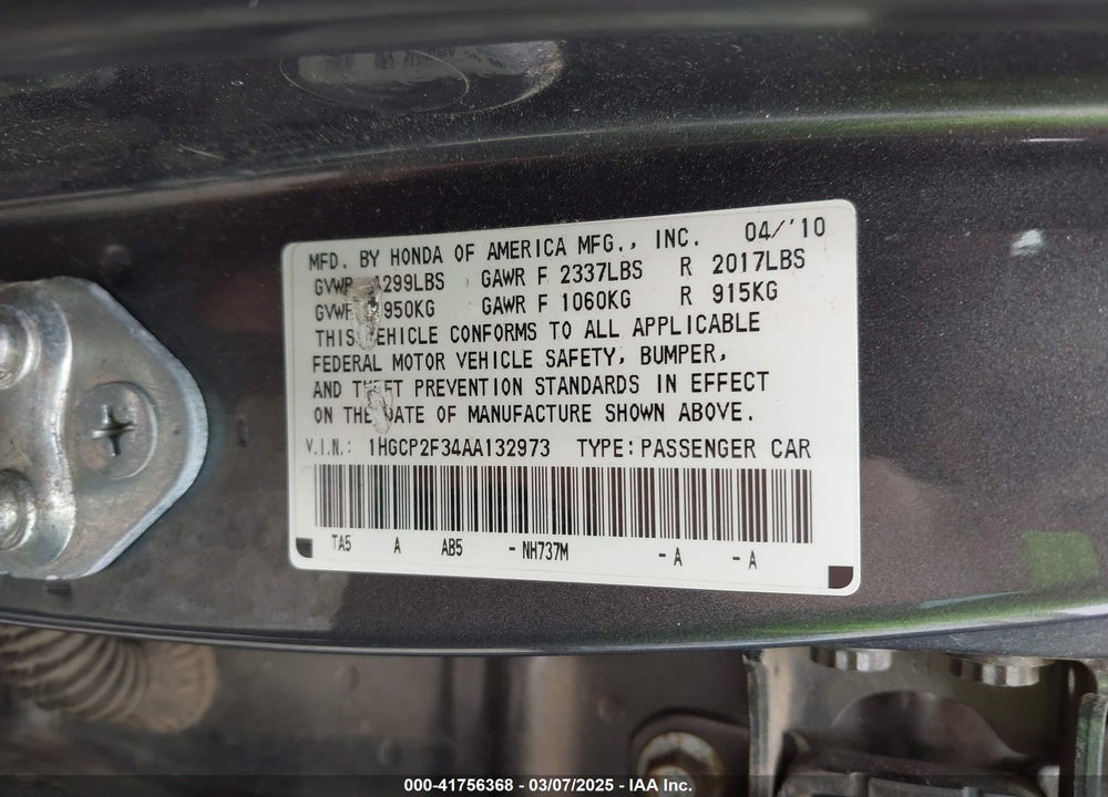 2010 HONDA ACCORD VIN: 1HGCP2F34AA132973