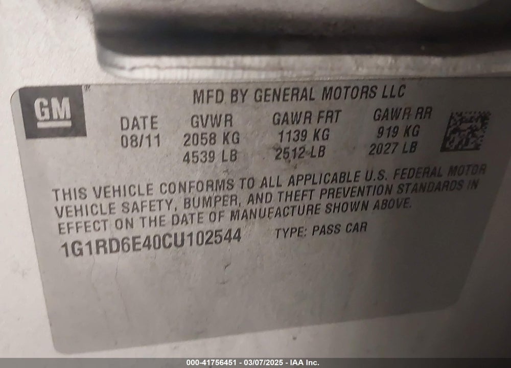 2012 CHEVROLET VOLT VIN: 1G1RD6E40CU102544