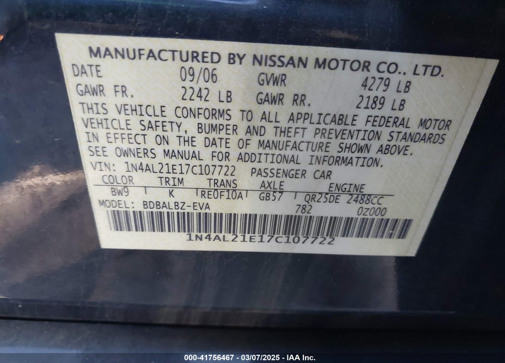 2007 NISSAN ALTIMA 2.5 S VIN: 1N4AL21E17C107722