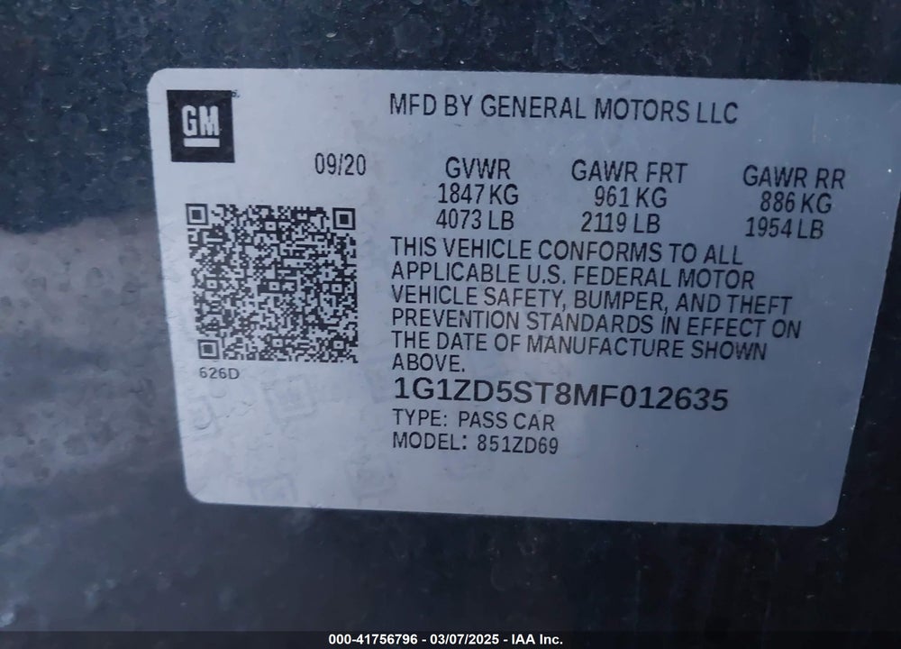 2021 CHEVROLET MALIBU VIN: 1G1ZD5ST8MF012635