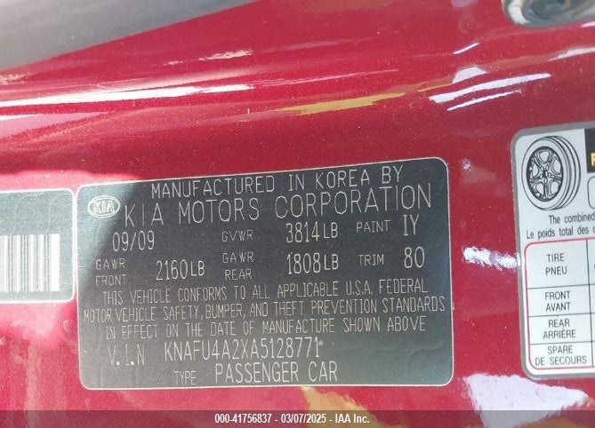 2010 KIA FORTE VIN: KNAFU4A2XA5128771
