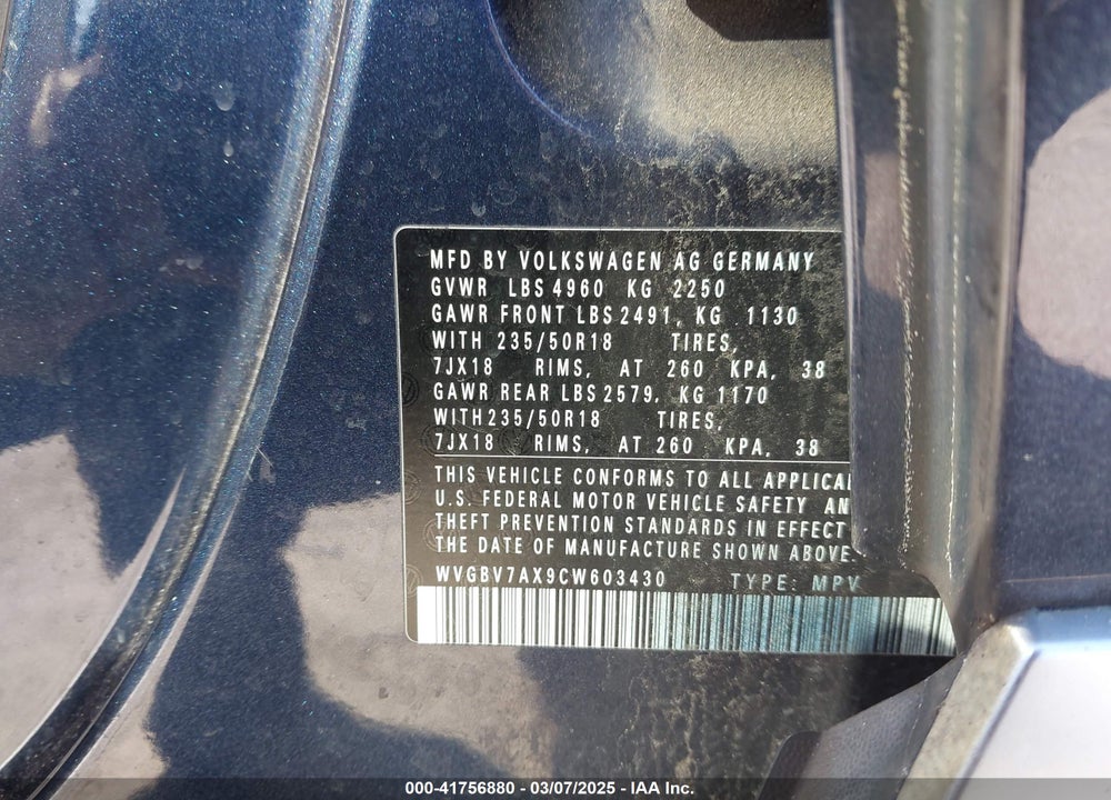 2012 VOLKSWAGEN TIGUAN SE W/SUNROOF & NAV VIN: WVGBV7AX9CW603430
