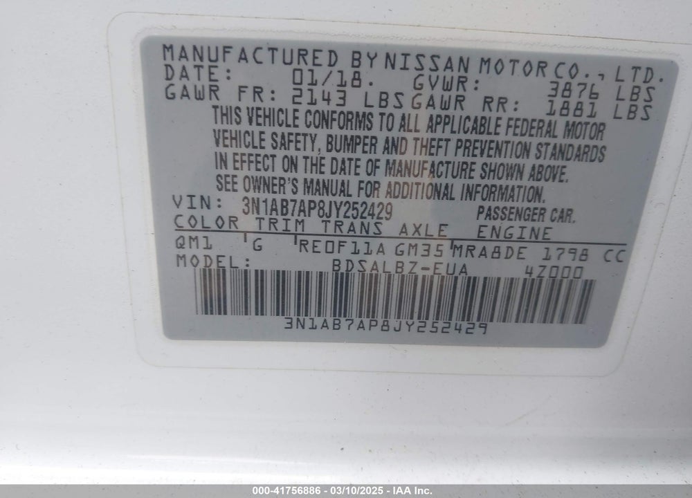 2018 NISSAN SENTRA VIN: 3N1AB7AP8JY252429