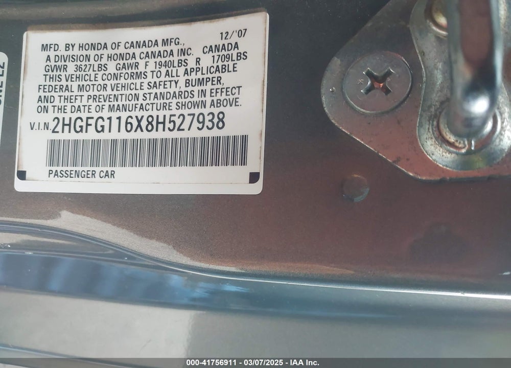 2008 HONDA CIVIC VIN: 2HGFG116X8H527938