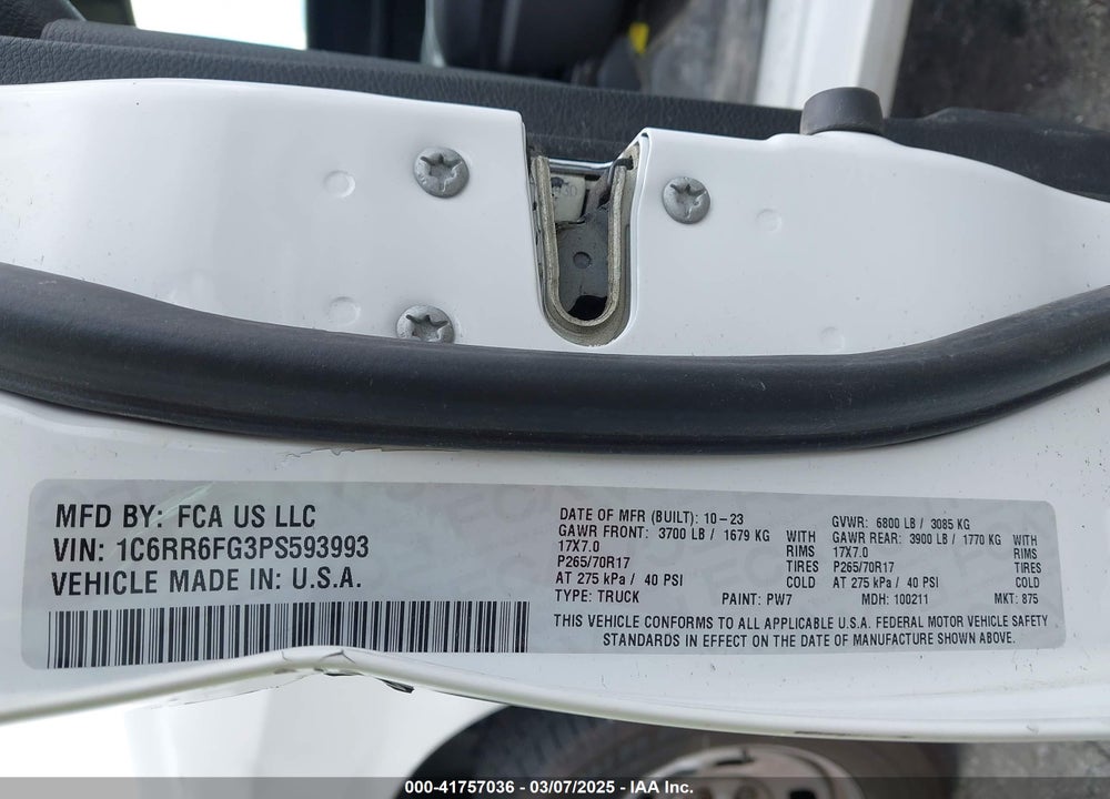 2023 RAM 1500 CLASSIC VIN: 1C6RR6FG3PS593993