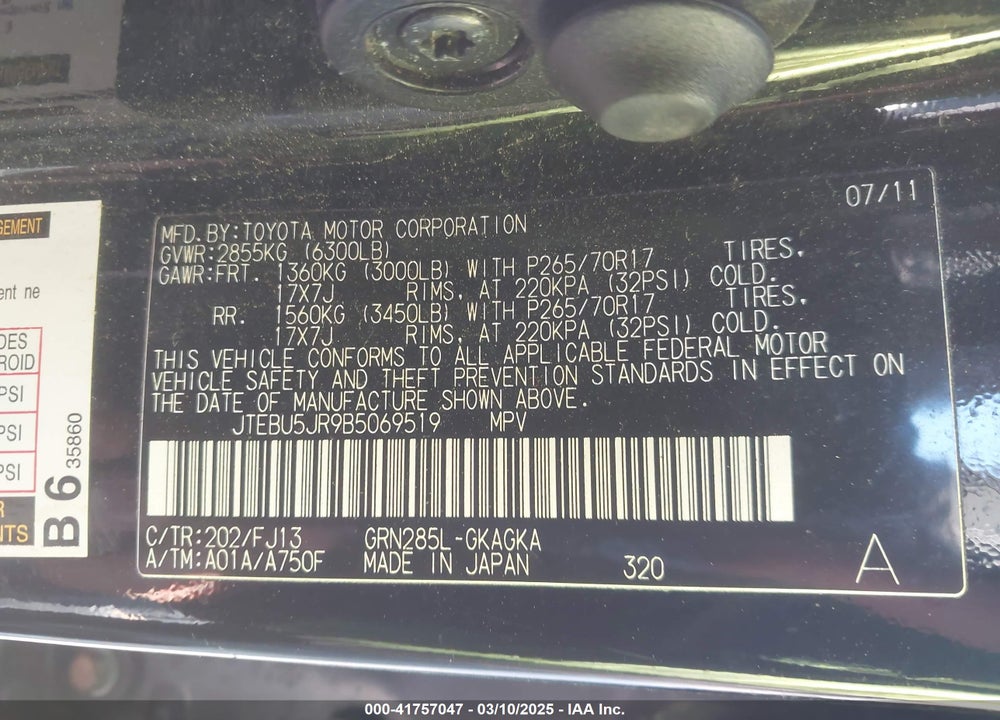 2011 TOYOTA 4RUNNER SR5 V6 VIN: JTEBU5JR9B5069519