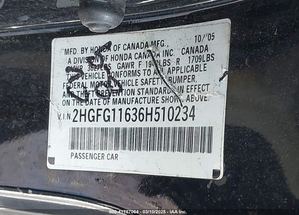2006 HONDA CIVIC LX VIN: 2HGFG11636H510234