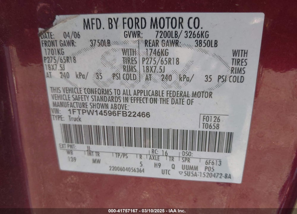 2006 FORD F-150 FX4/LARIAT/XLT VIN: 1FTPW14596FB22466