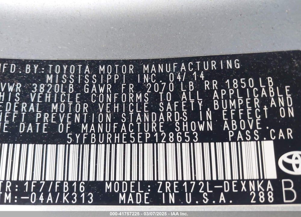 2014 TOYOTA COROLLA VIN: 5YFBURHE5EP128653